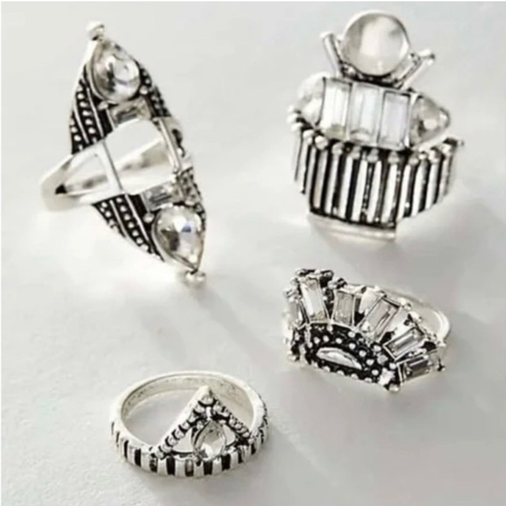 NWT Free People Rhapsody Silver Rhinestone Statement Ring Set Art Deco Stack - Picture 1 of 11